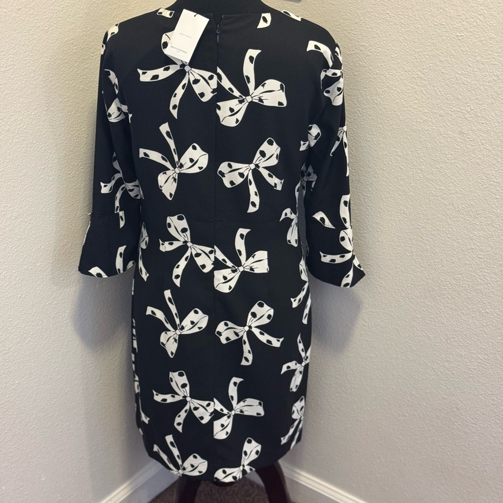 Banana Republic Black White Bow Print Shift Dress 3/4 Sleeve Size 6 NEW - Picture 5 of 12